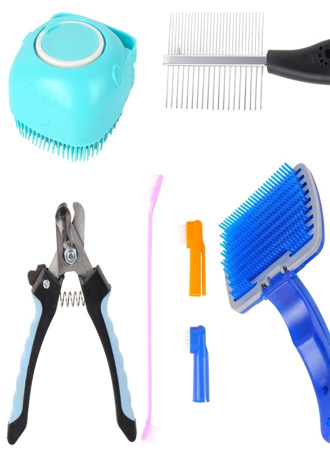 REGIIS Pet Grooming Kit, 5-Piece Dog Brush Set with Slicker Brush, Self-Cleaning Deshedding Tool, Nail Clippers, Metal Comb, Toothbrushes for Dogs - Image 1